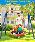 Father with two kids on Rainbow Saucer Swing With Stand For Kids Outdoor Playset in backyard, heavy-duty metal frame