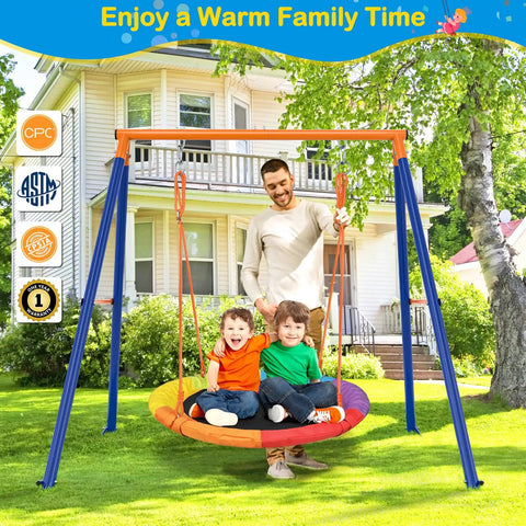 Father with two kids on Rainbow Saucer Swing With Stand For Kids Outdoor Playset in backyard, heavy-duty metal frame