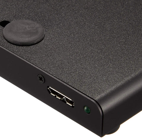 Plug And Play External USB 3.0 Enclosure for 2.5 Inch SSD or HDD showing top view with USB port and textured surface.