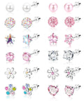 12 Pairs Hypoallergenic Screw Back Earrings Set For Women And Girls Surgical Steel With Cute Heart CZ Flower Pearl Ball Tiny Studs Totally Everyday Jewelry Collection, pink stud set