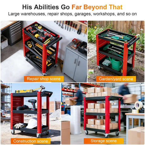 Heavy Duty 3 Tier Rolling Tool Cart Built Tough As Nails For Mechanics And Garage Shops Rock Solid Alloy Steel Frame With 1000 Lb Max Load Capacity Red Black