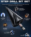 Rugged Step Drill Bit Set With M35 Cobalt HSS TiAlN Coating For Tough Jobs, detailed view highlighting features and design.