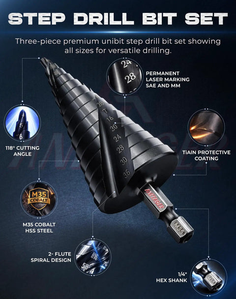 Rugged Step Drill Bit Set With M35 Cobalt HSS TiAlN Coating For Tough Jobs, detailed view highlighting features and design.