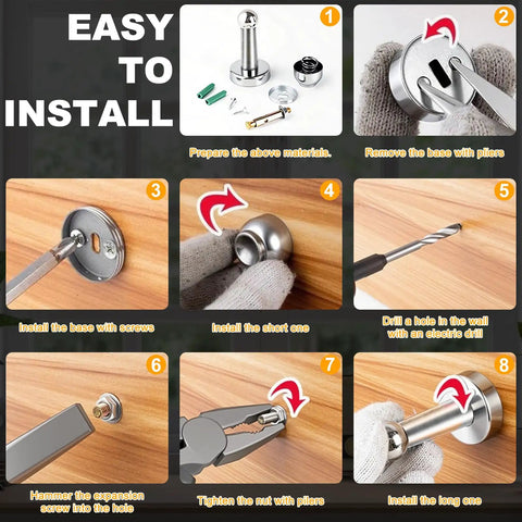 Installation steps for 6 Pack Magnetic Door Stopper Stainless Steel Door Holder For Wall Or Floor Mounting With Screws Keeps Doors Open And Prevents Slams, Heavy Duty Magnetic Stop For Various Door Types