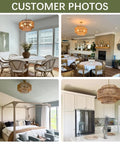 Large Handwoven Rattan Chandelier For Dining Room Boho Chic Pendant Light With Gold Plated Cylinder Rod casting shadows in various rooms.