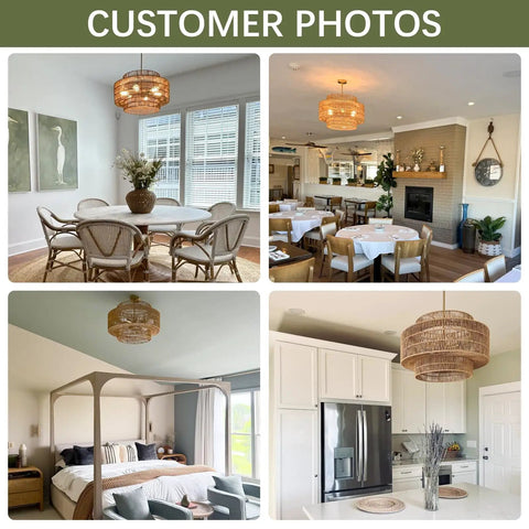 Large Handwoven Rattan Chandelier For Dining Room Boho Chic Pendant Light With Gold Plated Cylinder Rod casting shadows in various rooms.