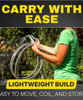 BIONIC STEEL 10 ft garden hose extension coil held by a person in a green shirt outdoors, side view