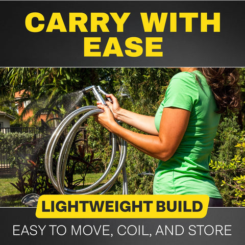 BIONIC STEEL 10 ft garden hose extension coil held by a person in a green shirt outdoors, side view