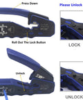 Detailed guide on using RJ45 Pass Through Crimp Tool 3 In 1 With Replacement Blades For Cat6A Cat6 Cat5E Cat5, showing lock and unlock features.