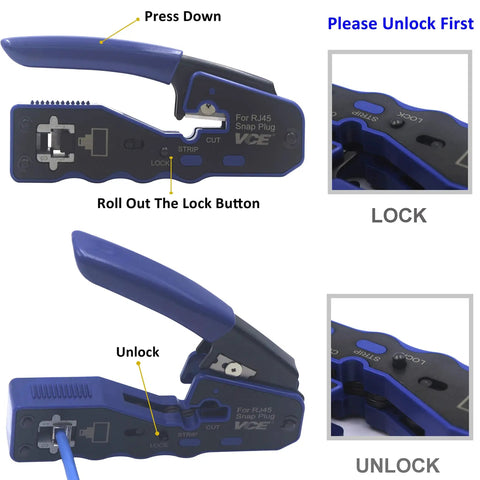 Detailed guide on using RJ45 Pass Through Crimp Tool 3 In 1 With Replacement Blades For Cat6A Cat6 Cat5E Cat5, showing lock and unlock features.