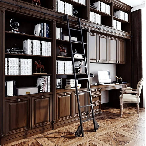 Rolling Library Ladder Rail Kit With Sliding Hardware For Home, Loft, Garage And Closet, Black Round Tube Track System