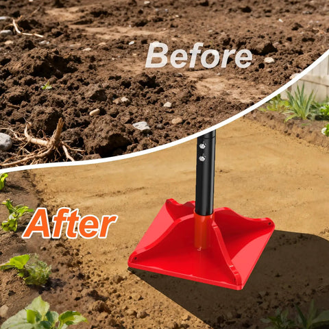 8 By 8 Inch Steel Tamper Tool With 48 Inch Handle compacting soil before and after, showing effective ground leveling.