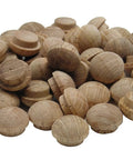 Oak Button Plugs 3 Eighths Inch Wood Hole Covers 50 Pack Decorative Button Head Plugs in a pile for concealing screw holes