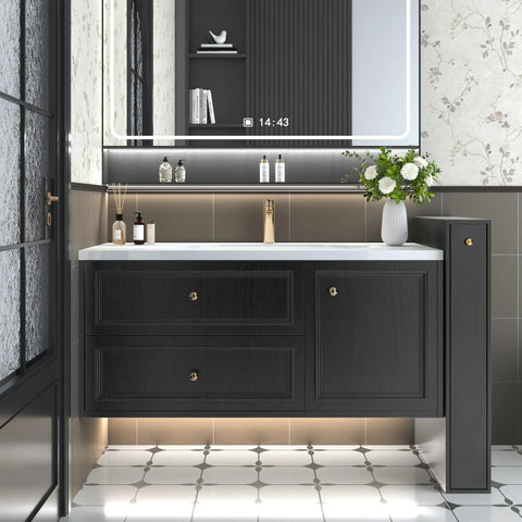 Modern bathroom with Black Wood Grain Peel And Stick Wallpaper DIY Friendly 23.6 Inch By 118 Inch Self Adhesive Vinyl Contact Paper.