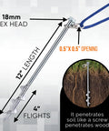 Heavy Duty 12 Inch Ground Stakes Set Of 8 Screw In Anchors For Mobile Homes Sheds Swing Sets Trees And Canopies Includes Drill Bit Built Tough No Nonsense Install Reusable Steel Stakes For Hard Soil with dimensions and soil penetration.