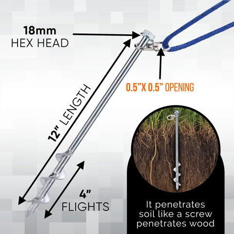 Heavy Duty 12 Inch Ground Stakes Set Of 8 Screw In Anchors For Mobile Homes Sheds Swing Sets Trees And Canopies Includes Drill Bit Built Tough No Nonsense Install Reusable Steel Stakes For Hard Soil with dimensions and soil penetration.