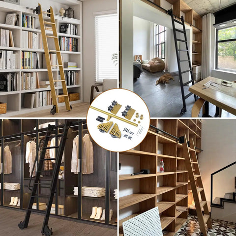 Built Like A Tank Heavy Duty Sliding Ladder Rail Kit With Smooth Carbon Steel Track For Library Loft Spaces in various home settings.