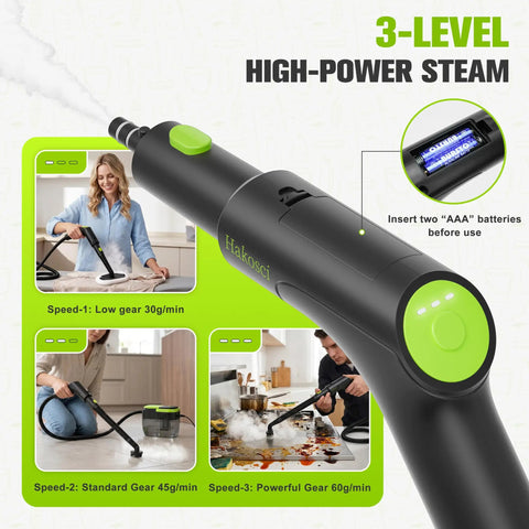 Hakosci 1500W Portable Handheld Steam Cleaner Heats In Just 10 Seconds For Quick Messes With Three Adjustable Steam Levels And Built-In Tank in use for fast household cleaning.