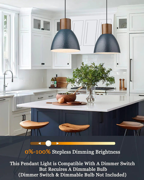 Hammered Pendant Light For Kitchen Island With 10.2 Inch Wide Solid Wood Bar Lamp Dope Industrial Pendant Lighting For Dining Room Bedroom Bar Office Modern Blue FSC Certified Wood