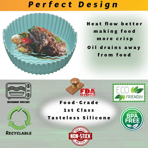 3 Pack 7.5 Inch Air Fryer Liners Set For Ninja Air Fryer Silicone Liners with steak in blue liner, eco-friendly icons