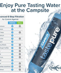 TastePure RV Water Filter Inline System with text listing contaminants removed in 6-step filtration, showing water splashes