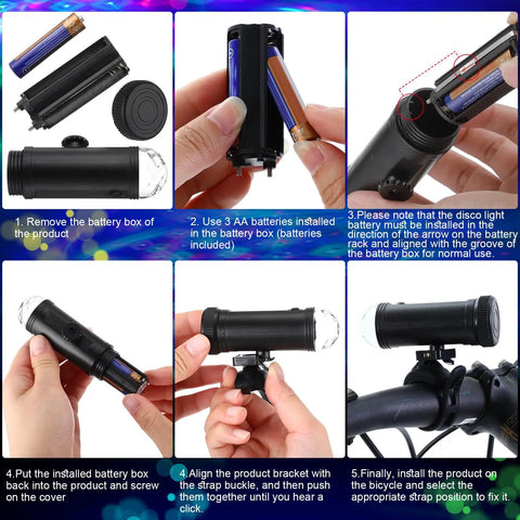 Disco Bike LED Light Kit installation: battery insertion and mounting on bike, focus on headlight for night riding and safety.