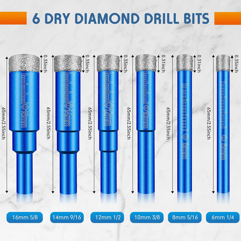 Dry Diamond Drill Bit Set Six Piece Hole Saw Kit for Granite Marble Porcelain Tile Ceramic Stone and Glass