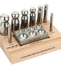 Heavy Duty Steel 8 Hole Dapping Block And 8 Matching Punch Set on wooden stand for jewelry making and metal shaping tools