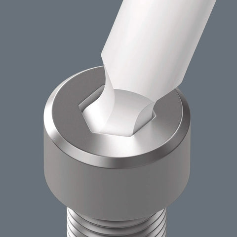 Close-up of a hex key inserted into a hex socket screw, demonstrating functionality from Hex Key Set 9-Piece Hex-Plus L-Key Set In Multicolor BlackLaser Finish.