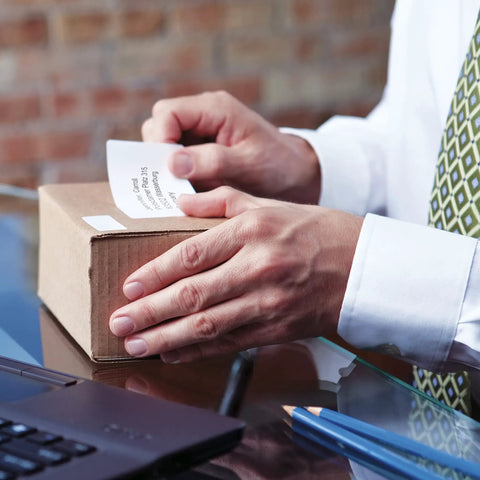 Heavy Duty Shipping Labels With Sleek Peel Off Backing Drop Right On Parcels For Instant Prep Works Dead Simple With Labelwriter Printers Using Direct Thermal Tech To Dodge Ink Bills Captures Six Line Addresses On Popular 2 5 16 By 4 Inch Rolls Holding, applied to a cardboard box.