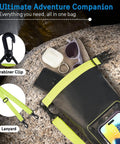 IP68 Waterproof Dry Bag 2L Roll Top Backpack with Phone Case and Pouch on rock, showing accessories