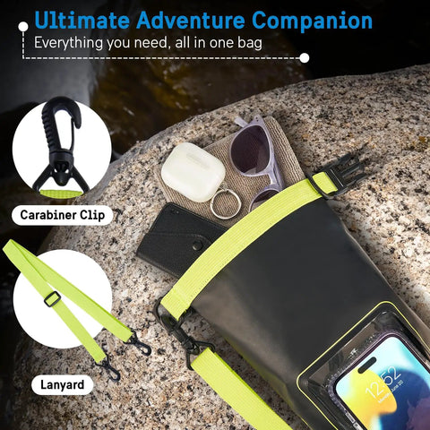 IP68 Waterproof Dry Bag 2L Roll Top Backpack with Phone Case and Pouch on rock, showing accessories