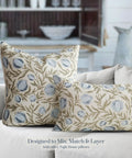 Alisa Blue Block Print Pomegranate Pillow Cover 100 Percent Cotton Throw Pillow Cover Decorative Accent For Sofa Couch Bed 14x24 Vintage Coastal Grandma Grandmillennial Style, blue block print pillow on sofa