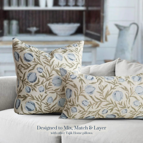 Alisa Blue Block Print Pomegranate Pillow Cover 100 Percent Cotton Throw Pillow Cover Decorative Accent For Sofa Couch Bed 14x24 Vintage Coastal Grandma Grandmillennial Style, blue block print pillow on sofa