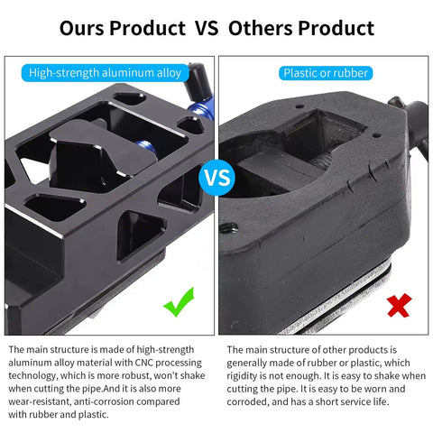 Comparison of bike saw guide materials: aluminum alloy vs plastic, highlighting strength and durability in road and mountain bike projects.