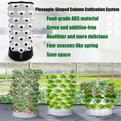 Vertical Hydroponics Tower Kit For Indoor And Outdoor Gardens, Space Saving Home Farm System with plants, Pineapple shape