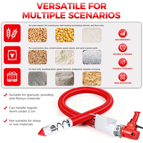 Heavy Duty Portable Grain Suction Auger Screw Conveyor With 16 Ft Flexible Hose For Transferring Corn Wheat Rice Feed And Fertilizer Smoothly with red hose