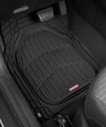 Premium Quality Heavy Duty Hella Durable All Weather Floor Mats Deep Dish Waterproof Trim To Fit Black Rubber Guard Set for Cars Trucks SUVs in vehicle footwell.