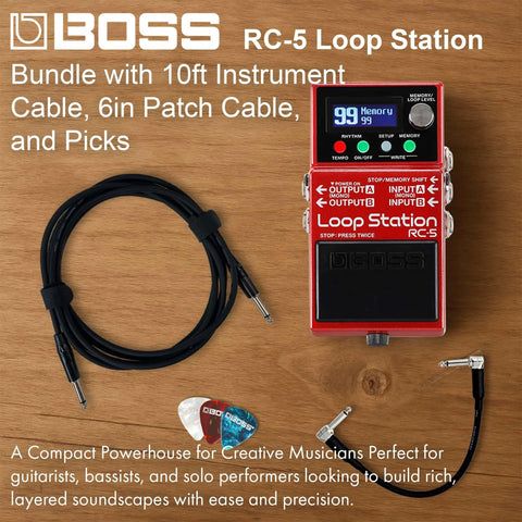 RC-5 Loop Station High Resolution 32-Bit AD/DA and 32-Bit Float Processing Looper with cables, picks on wood surface.