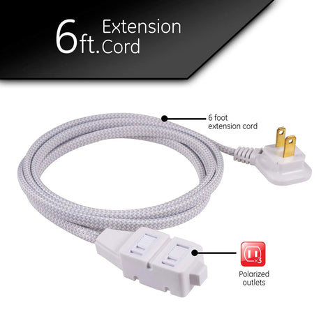 6 Foot Braided Extension Cord With 3 Outlets And 2 Prong Outlets Flat Plug Tangle Free Cable Perfect For Home Office Desk Setup And Kitchen Decor Gray And White UL Listed