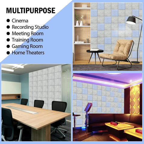 Dope Square Acoustic Wall Panels Self Adhesive 12 Pack Heavy Duty Sound Dampening Tiles for various room settings.