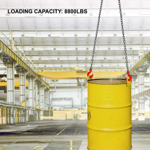 Heavy Duty 3 Eighth Inch By 5 Foot Double Leg Chain Sling With Grab Hooks G80 Manganese Steel Chain Ultra Tough Lifting Slings For Industrial Use 8800 Lb Working Capacity 4 Ton Lift Capacity lifting a yellow steel drum in a factory