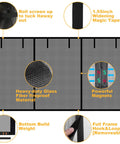 Diagram of Magnetic Double Garage Screen Door For Two Car Garages with fiberglass mesh, magnets, and hook and loop details.