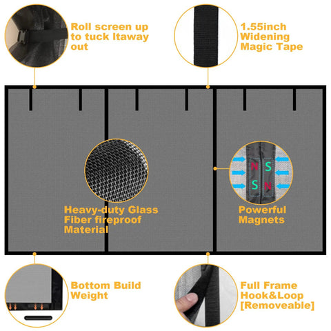 Diagram of Magnetic Double Garage Screen Door For Two Car Garages with fiberglass mesh, magnets, and hook and loop details.