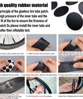 Step-by-step guide for using the Bike Repair Tool Kit 16 In 1 with glueless tire patches and tire levers on a bicycle tire.