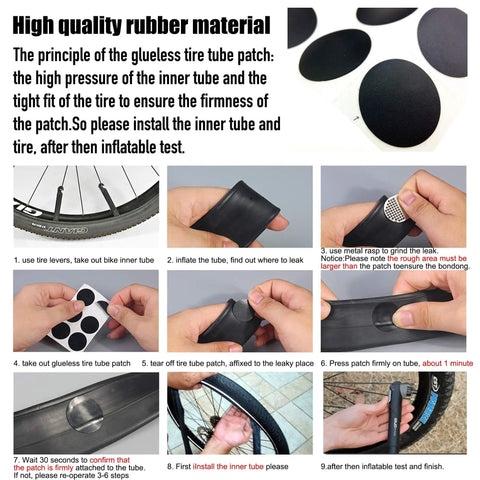 Step-by-step guide for using the Bike Repair Tool Kit 16 In 1 with glueless tire patches and tire levers on a bicycle tire.