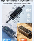 Badass Level Two EV Charger With Forty Amp J1772 Connector in water showing IP67 waterproof feature and LCD screen.