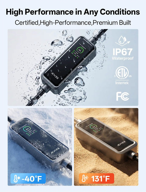 Badass Level Two EV Charger With Forty Amp J1772 Connector in water showing IP67 waterproof feature and LCD screen.