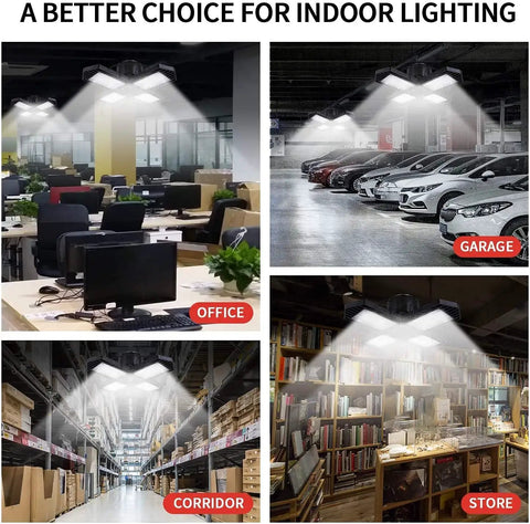 Two Pack 100W LED Garage Lights With Deformable Four Panel Heads, 10000 Lumens Daylight 6000K E26 Base lighting office, garage, corridor, store