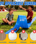 Kids playing with Epic 20 Ft Flexible Race Track Set For Kids with 3 Lane Ramp 6 Race Cars on grass surface, blue track visible